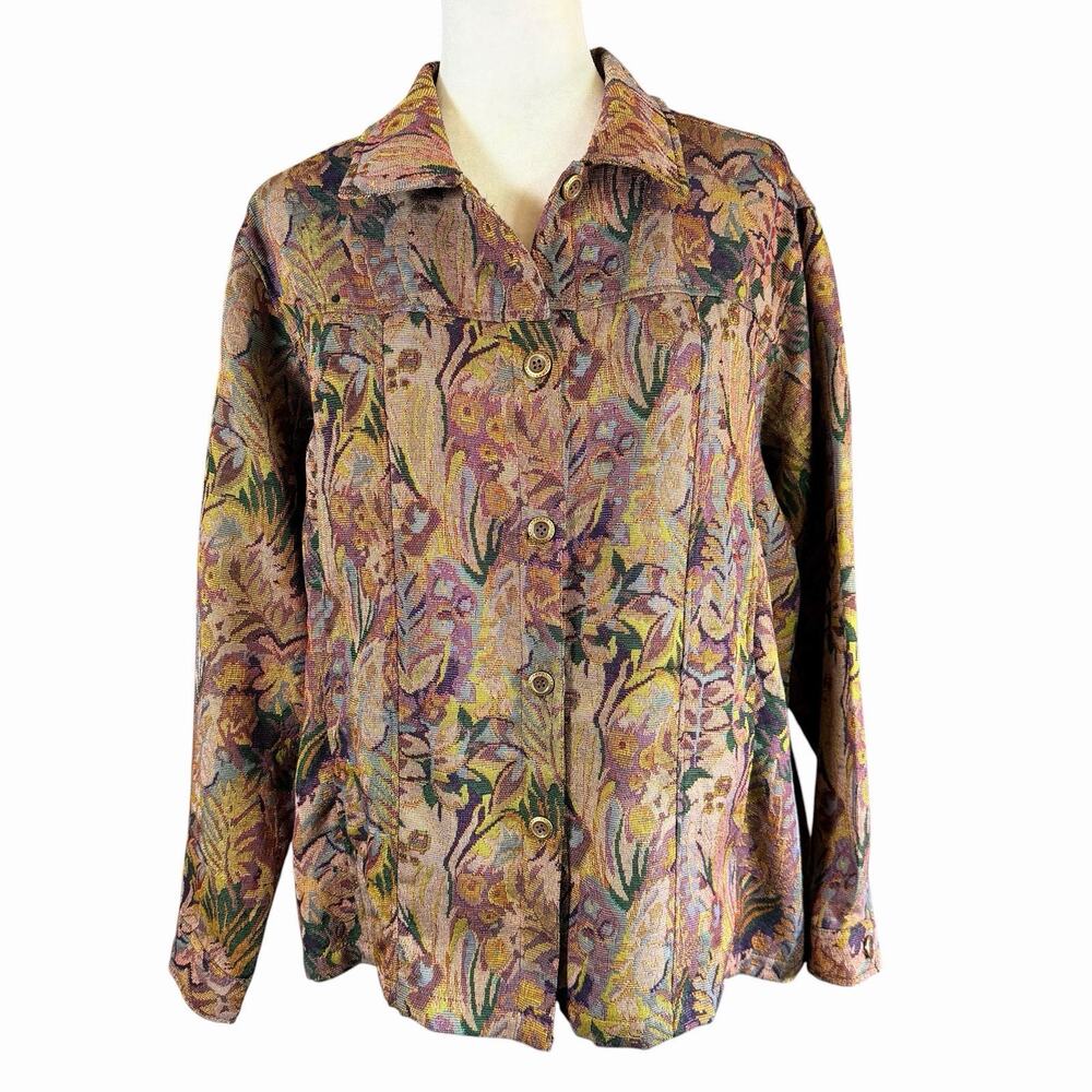 Vtg 80s Womens Tudor Court Tapestry Shirt Jacket L Floral Shacket Bohemian Boho